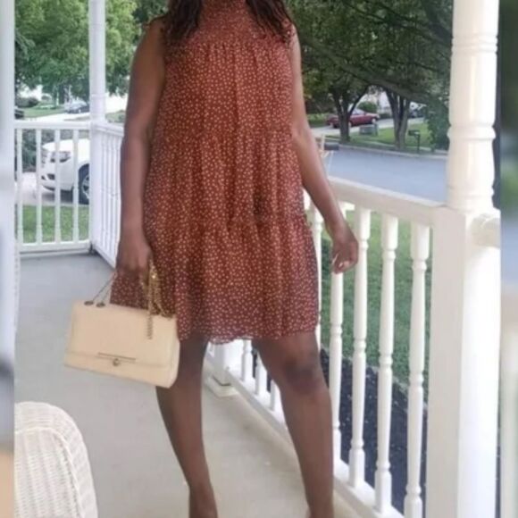 Just Taylor Smocked Polka Dot Dress Mock Neck Sleeveless Tiered Chiffon - Picture 2 of 5